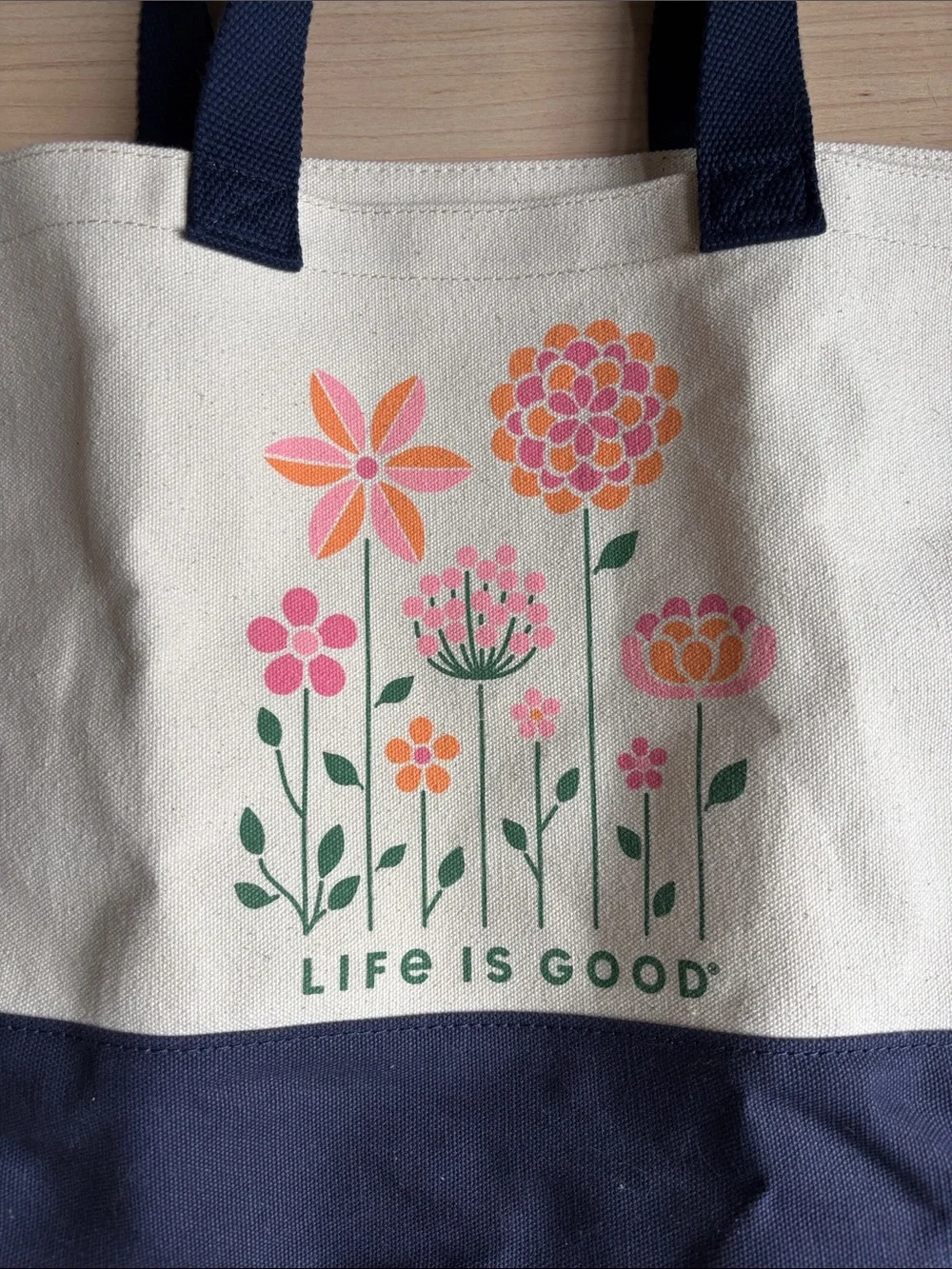 Life Is Good Canvas Tote. Blue & Off White With Floral Print.